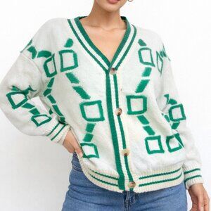 Daisy Vintage Cardigan Sweater‎ M Green White Geometric 90s Boho Grandpa Chic